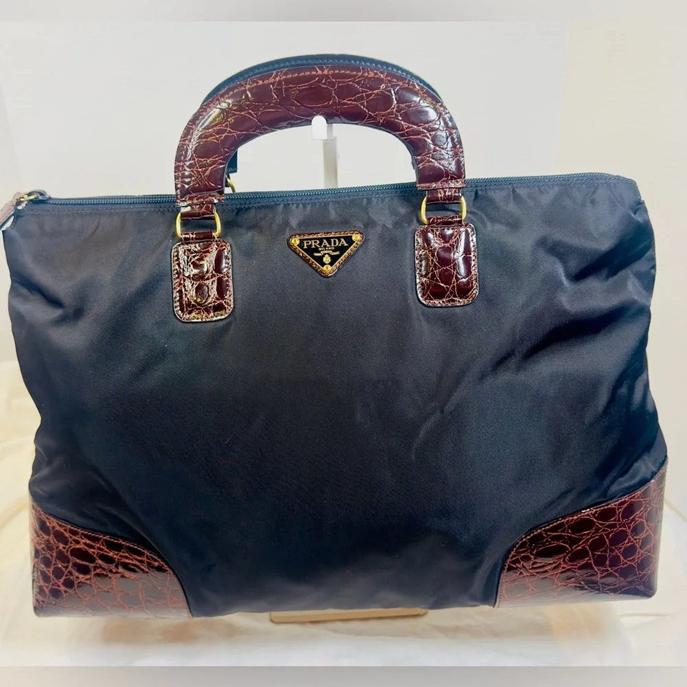 Prada Black Nylon Tote with Croc Embossed Trim